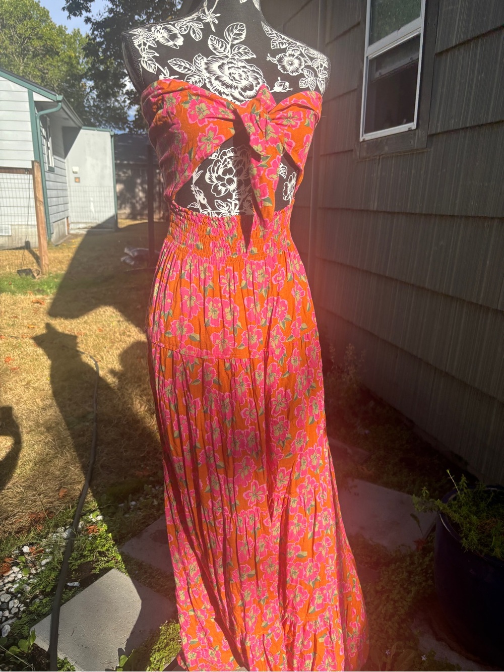 Tiare Hawaii Pink and Orange Floral Tie-Front Midi Dress